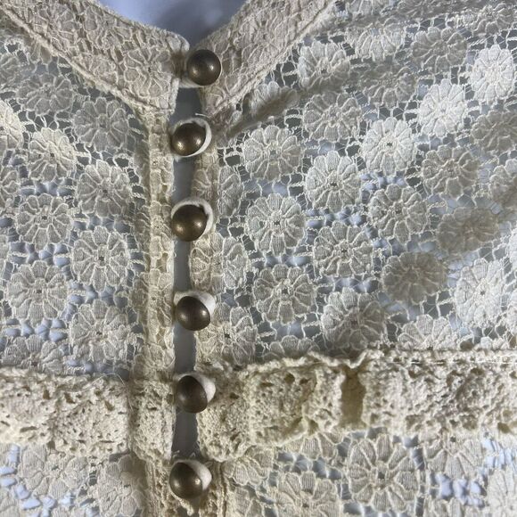 Free People Blouse Ivory Victorian Ruffle Lace Floral JacketCrochet Brass Med. - Picture 3 of 16